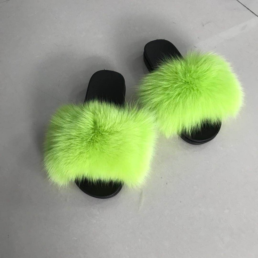 Fluffy Fur Neon Green Slides Sz 6/6.5